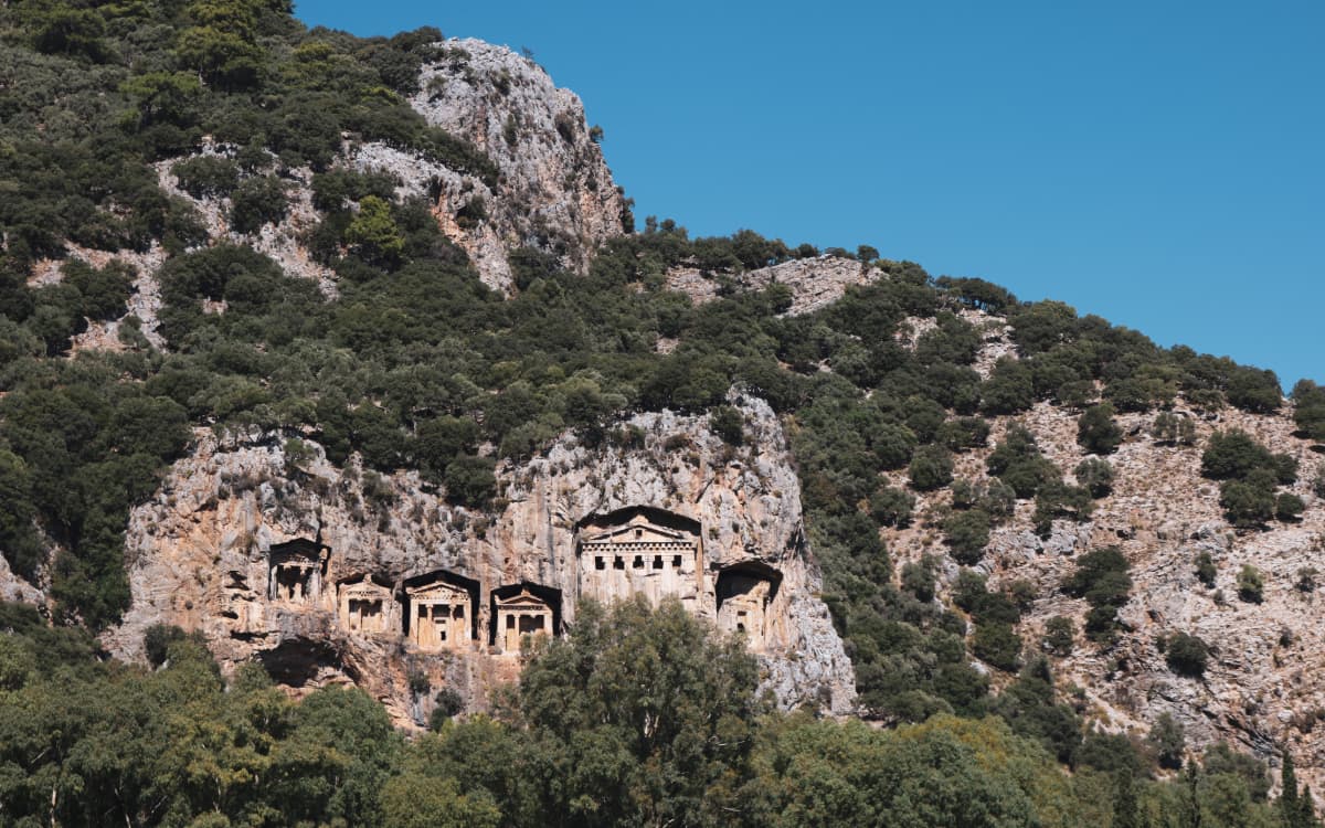 Ancient Carian Tombs Carved in the high cliffs above the Dalyan River
