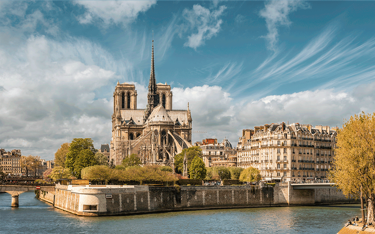 View from East across river Seine to Notre Dame de Paris cathedral, Paris, France