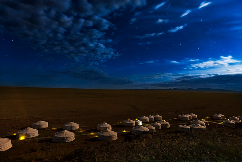Stars over Three Camel Lodge ger camp in Mongolia's Gobi Desert