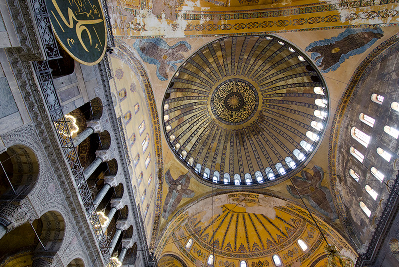 The ornate interior of the Hagia Sophia mosque in Istanbul, Turkey