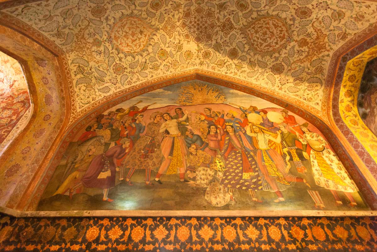 A mural painting inside the Hasht Behesht, a 17th-century palace and pavilion, Esfahan, Iran. 