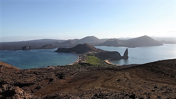 View of Pinnacle Rock from volcano on Bartolome Island: Galapagos Islands with GeoEx.