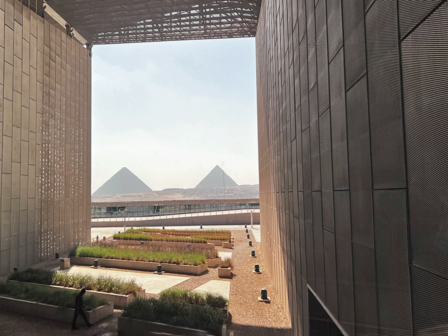 View of the Giza pyramids from the GEM